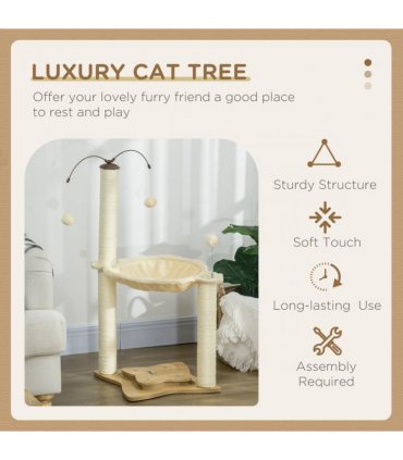Cat Tree for Indoor Cats w/ Scratching Posts Hammock, Toy Ball - Beige Pawhut