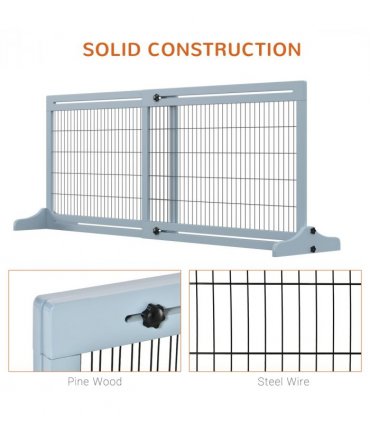 Pet Gate Adjustable Wooden Pet Gate - Freestanding Dog Barrier for Doorway, Grey