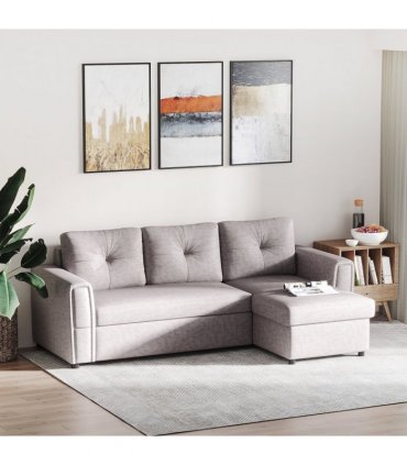 HOMCOM Linen-Look L-Shaped Sofa Bed w/ Storage Bed Sleeper Flat Studio Grey
