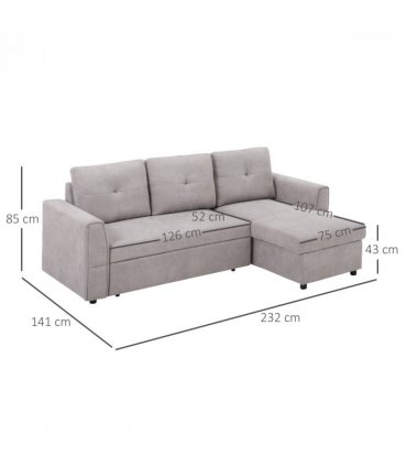 HOMCOM Linen-Look L-Shaped Sofa Bed w/ Storage Bed Sleeper Flat Studio Grey