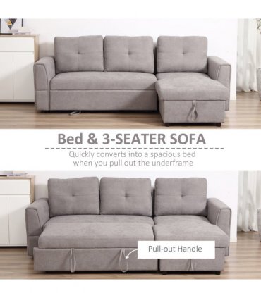 HOMCOM Linen-Look L-Shaped Sofa Bed w/ Storage Bed Sleeper Flat Studio Grey