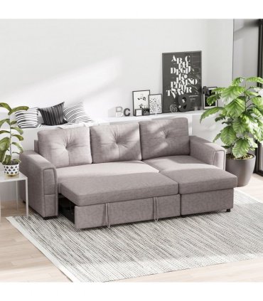 HOMCOM Linen-Look L-Shaped Sofa Bed w/ Storage Bed Sleeper Flat Studio Grey