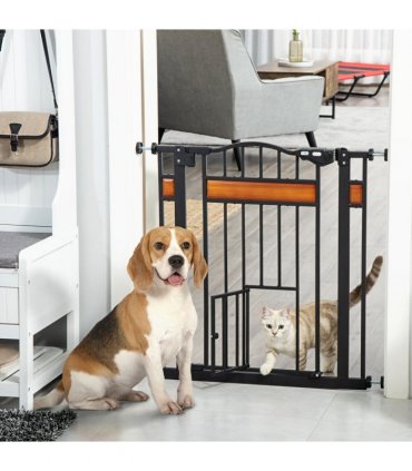 Dog Gate Pet Safety Gate Cat Door Auto Close Pine Decor 74-80 cm Wide Pawhut