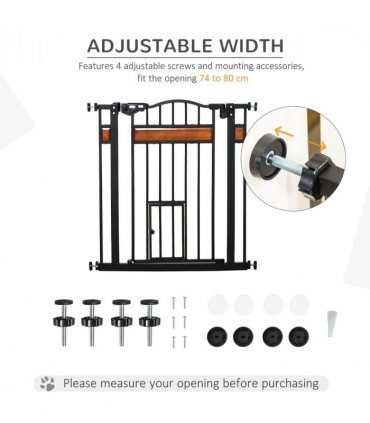 Dog Gate Pet Safety Gate Cat Door Auto Close Pine Decor 74-80 cm Wide Pawhut