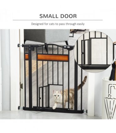 Dog Gate Pet Safety Gate Cat Door Auto Close Pine Decor 74-80 cm Wide Pawhut