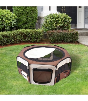 Fabric Pet Puppy Dog Cat Rabbit Pig Guinea Playpen Run Brown Cream M PawHut