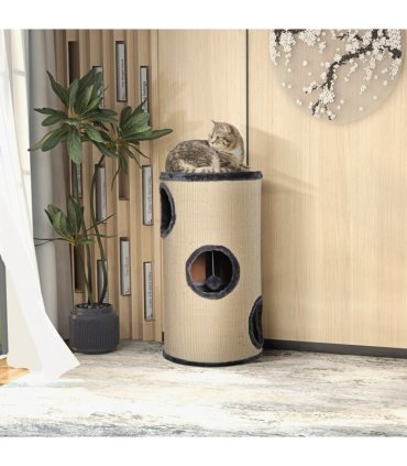Cat Scratching Barrel Sisal Activity Center 3 Dens Observation Deck 70H Pawhut