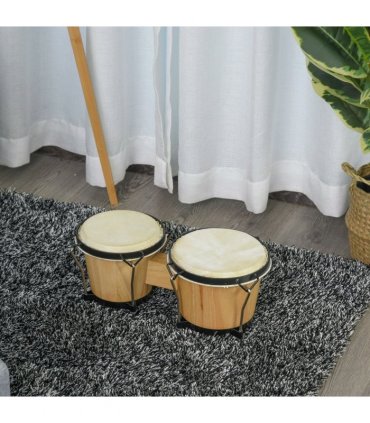 Wooden Bongo Drum Set w/ Sheepskin Drum Head 7.75" & 7" Tuning Wrench HOMCOM