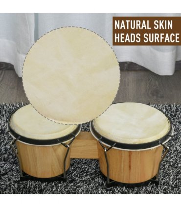 Wooden Bongo Drum Set w/ Sheepskin Drum Head 7.75" & 7" Tuning Wrench HOMCOM