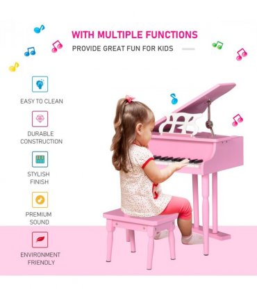 CHILD-SIZE PIANO: 30 Keys Mini Kids Piano with Music Stand and Bench - Pink