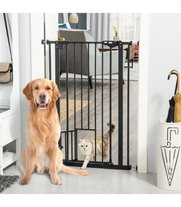 Extra Tall Dog Gate with Cat Door Auto Close for Stairs 74-80 cm Wide Pawhut