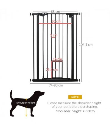 Extra Tall Dog Gate with Cat Door Auto Close for Stairs 74-80 cm Wide Pawhut