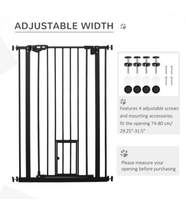 Extra Tall Dog Gate with Cat Door Auto Close for Stairs 74-80 cm Wide Pawhut