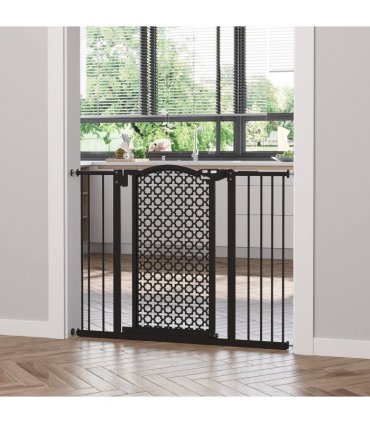 Pet Safety Gate 74-105 cm Pressure Fit Stair with Double Locking, Black Steel