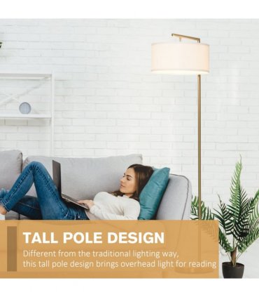 Floor Lamp with Linen Lampshade Round Base for Living Room Bedroom - White