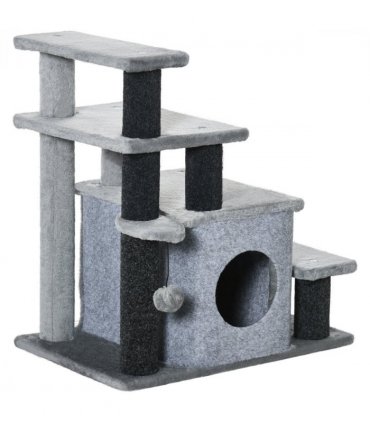Cat Steps for Bed, Sofa Adjustable Height w/ Hanging Ball - Grey Pawhut