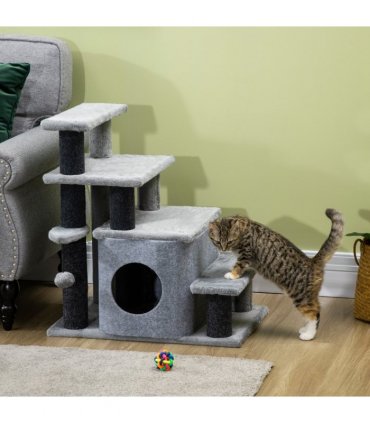 Cat Steps for Bed, Sofa Adjustable Height w/ Hanging Ball - Grey Pawhut