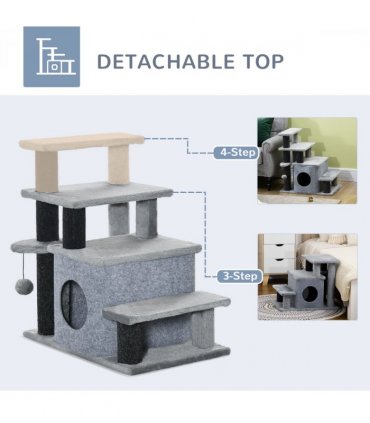 Cat Steps for Bed, Sofa Adjustable Height w/ Hanging Ball - Grey Pawhut