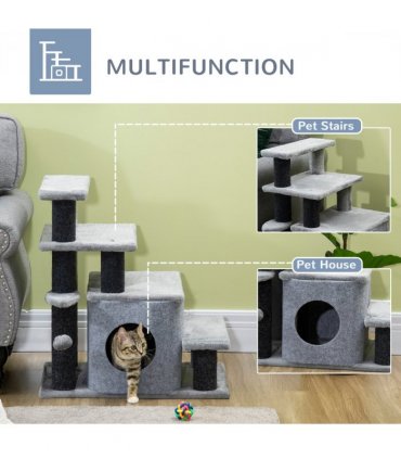 Cat Steps for Bed, Sofa Adjustable Height w/ Hanging Ball - Grey Pawhut