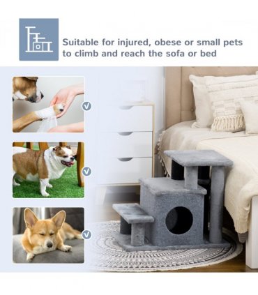 Cat Steps for Bed, Sofa Adjustable Height w/ Hanging Ball - Grey Pawhut