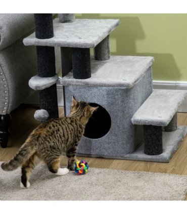 Cat Steps for Bed, Sofa Adjustable Height w/ Hanging Ball - Grey Pawhut