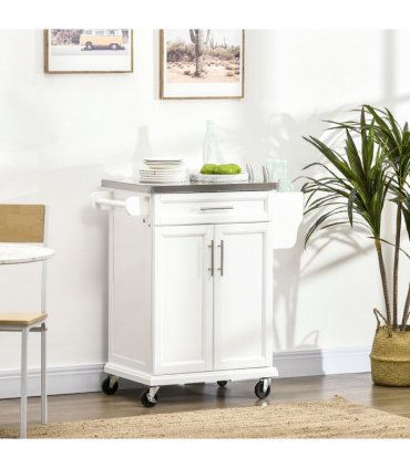 Rolling Kitchen Cart Storage Trolley with Drawer Towel Rail Steel White