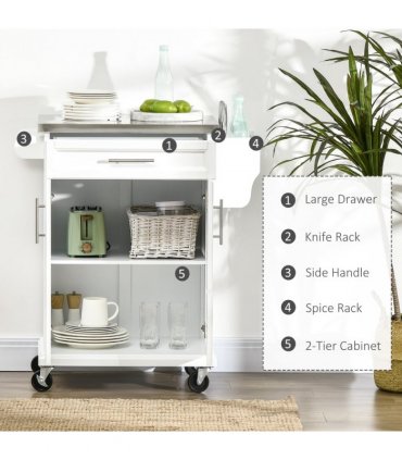 Rolling Kitchen Cart Storage Trolley with Drawer Towel Rail Steel White
