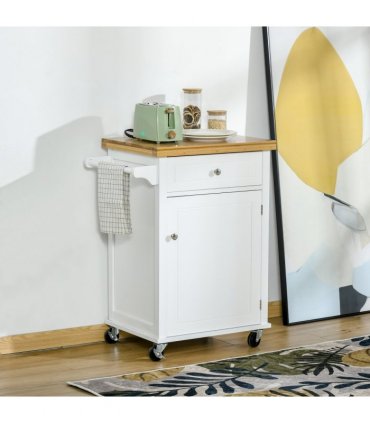 Rolling Kitchen Cart Storage Trolley with Drawer Towel Rail White