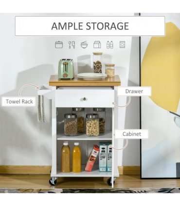 Rolling Kitchen Cart Storage Trolley with Drawer Towel Rail White