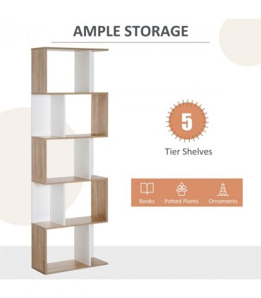 5-tier Display Shelving Storage Bookcase S Shape design Unit Natural