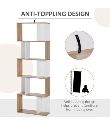 5-tier Display Shelving Storage Bookcase S Shape design Unit Natural