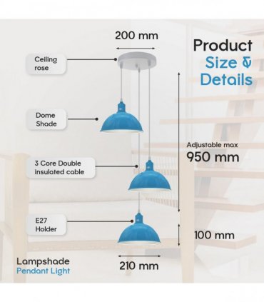 Vintage Industrial Round Three Outlet 21cm Pendant Light Blue with bulb