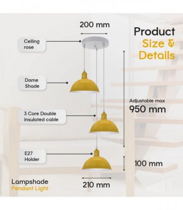 Vintage Industrial Round Three Outlet 21cm Pendant Light Yellow without bulb