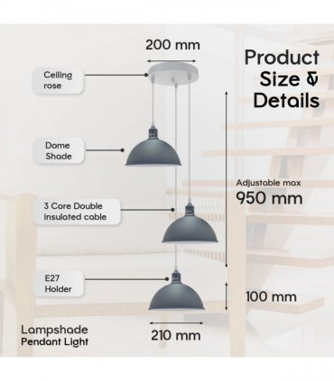 Vintage Industrial Round Three Outlet 21cm Pendant Light Grey without bulb