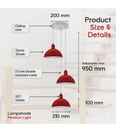 Vintage Industrial Round Three Outlet 21cm Pendant Light Red without bulb