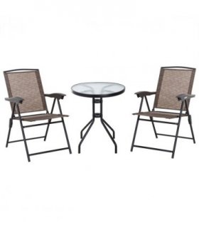 3 PCS Patio Furniture Bistro Set with Folding Chairs Tempered Glass Table Brown