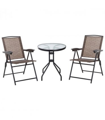 3 PCS Patio Furniture Bistro Set with Folding Chairs Tempered Glass Table Brown