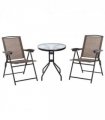 3 PCS Patio Furniture Bistro Set with Folding Chairs Tempered Glass Table Brown