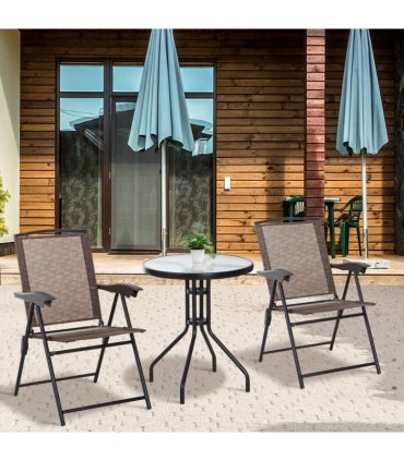 3 PCS Patio Furniture Bistro Set with Folding Chairs Tempered Glass Table Brown