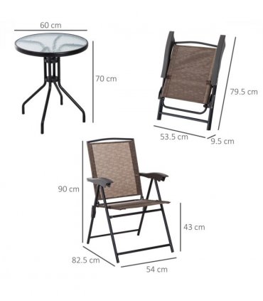 3 PCS Patio Furniture Bistro Set with Folding Chairs Tempered Glass Table Brown