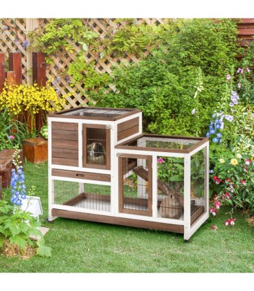 Rabbit Hutch Wooden Brown Fir Wood 86H x 110L x 50Wcm Guinea Pigs House Cage