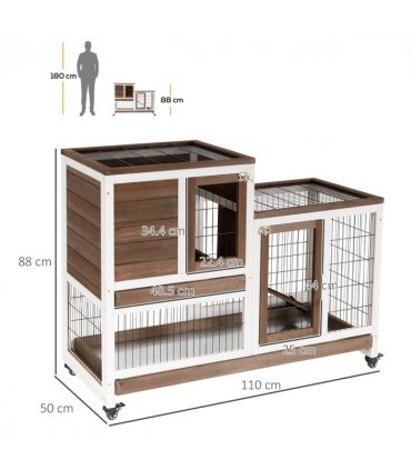 Rabbit Hutch Wooden Brown Fir Wood 86H x 110L x 50Wcm Guinea Pigs House Cage