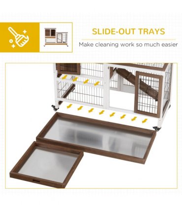 Rabbit Hutch Wooden Brown Fir Wood 86H x 110L x 50Wcm Guinea Pigs House Cage