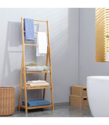Freestanding Foldable Bamboo Towel Rack with 3 Bars and Shelves for Bathroom