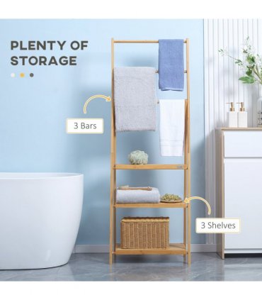 Freestanding Foldable Bamboo Towel Rack with 3 Bars and Shelves for Bathroom