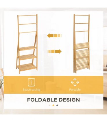 Freestanding Foldable Bamboo Towel Rack with 3 Bars and Shelves for Bathroom