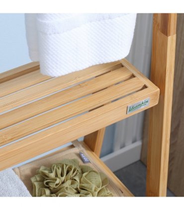 Freestanding Foldable Bamboo Towel Rack with 3 Bars and Shelves for Bathroom