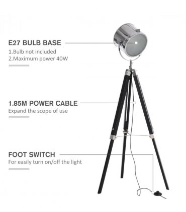 Floor Lamp Industrial Style Adjustable Tripod Silver Pinewood Steel