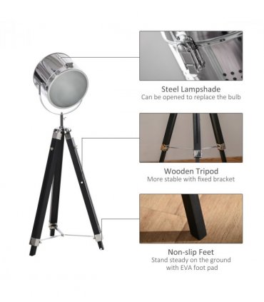 Floor Lamp Industrial Style Adjustable Tripod Silver Pinewood Steel