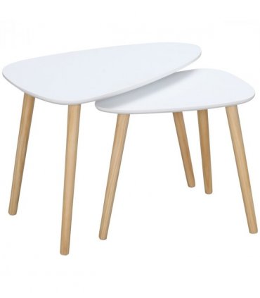 Side Table Set of 2 Nested Coffee Table W/ Solid Wood Legs Living Room White
